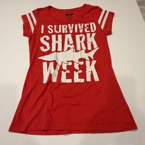 Shark Week Discovery Channel Graphic Tee Red Varsity Stripe XL 15/17 Womens